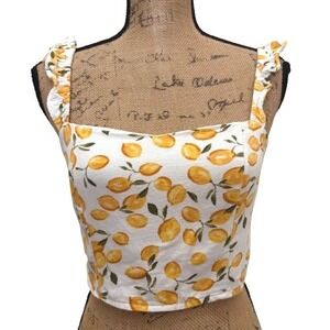 Francesca's Miami Ruffle Strap Crop Tank Top Lemon Print Euro Summer  Size Small